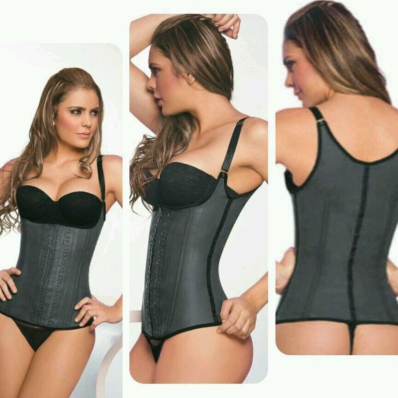 a woman modeling all sides of latex waist trainer vest with thin straps on a v backed garment